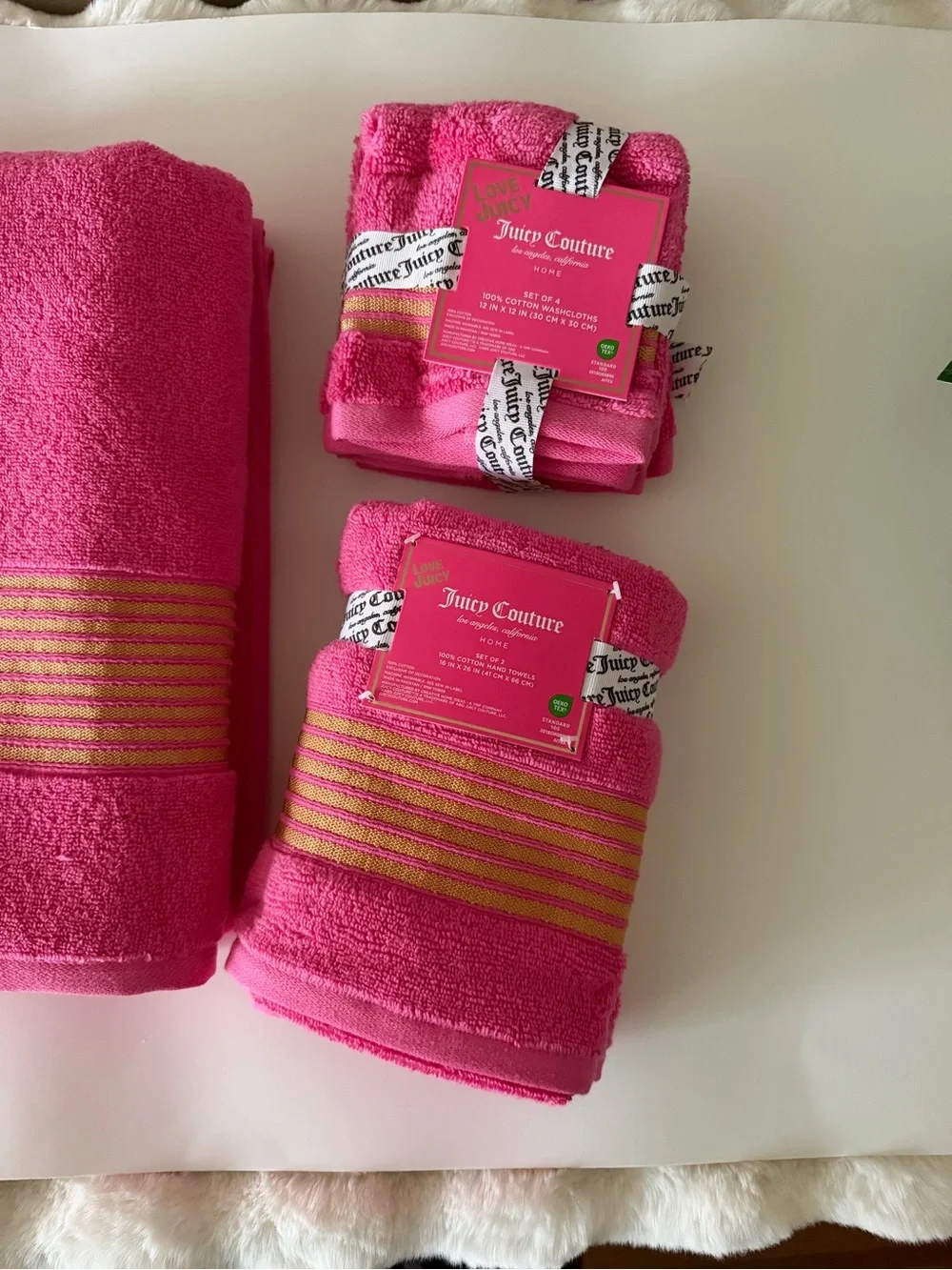 Juicy Couture  Pink Towel bundle with Gold Accent Stripes. NWT
